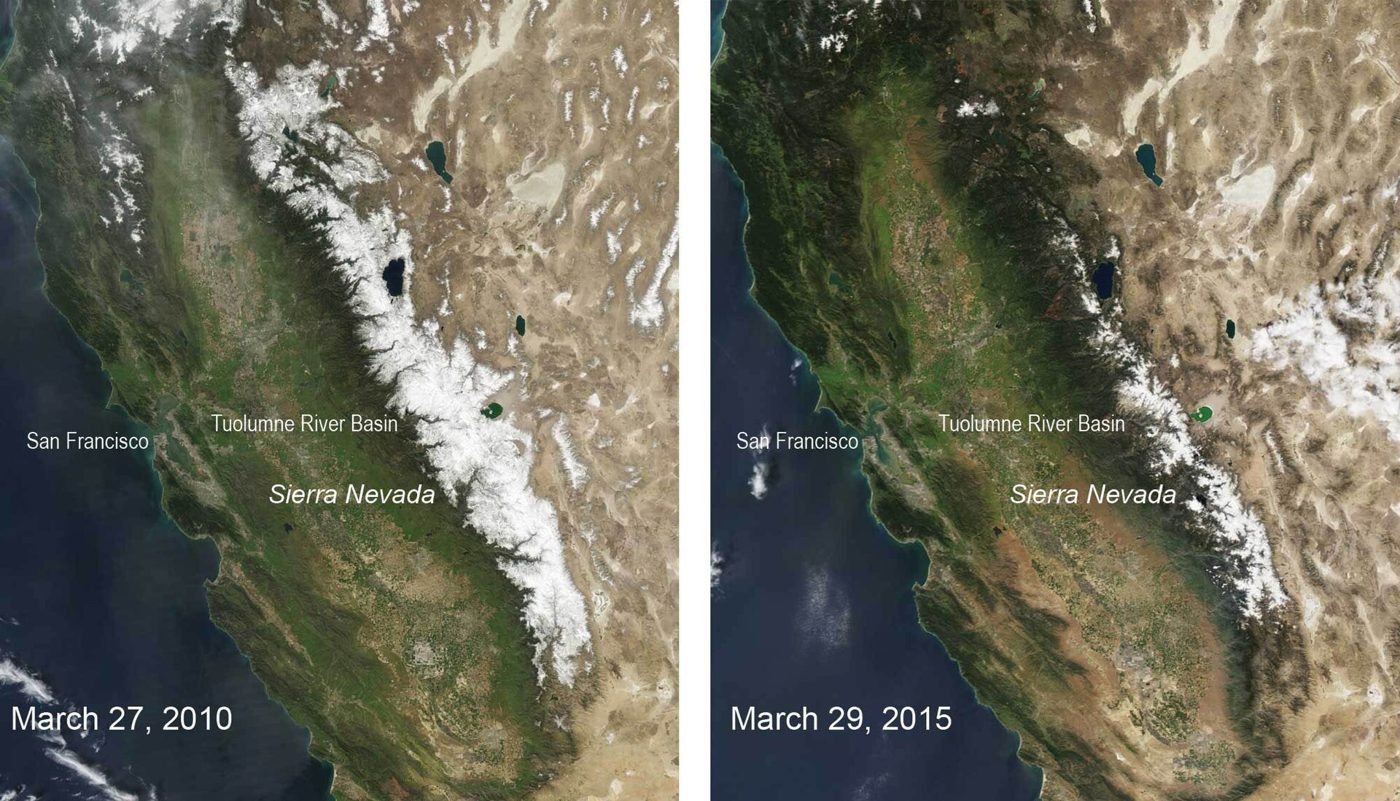 Satellite imagery comparing Sierra Nevada snowpack in a low-snow year and a high-snow year